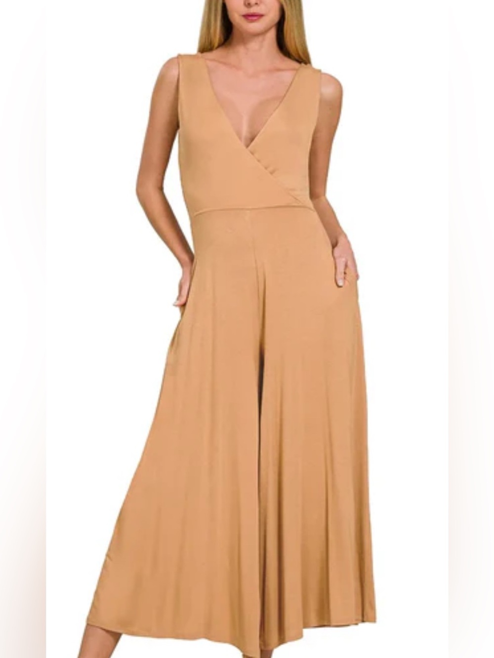 Zenana New Sleeveless V-Neck Wide-Leg Jumpsuit in Camel.